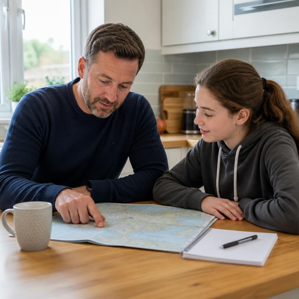 Foster carer reviewing holiday plans with a child at a kitchen table