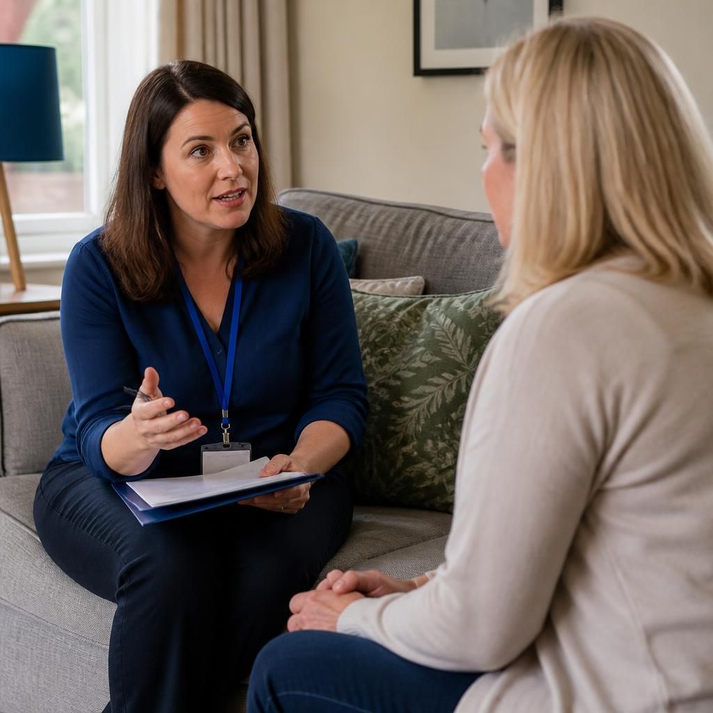 Foster carer applicant talking with a social worker during a home visit