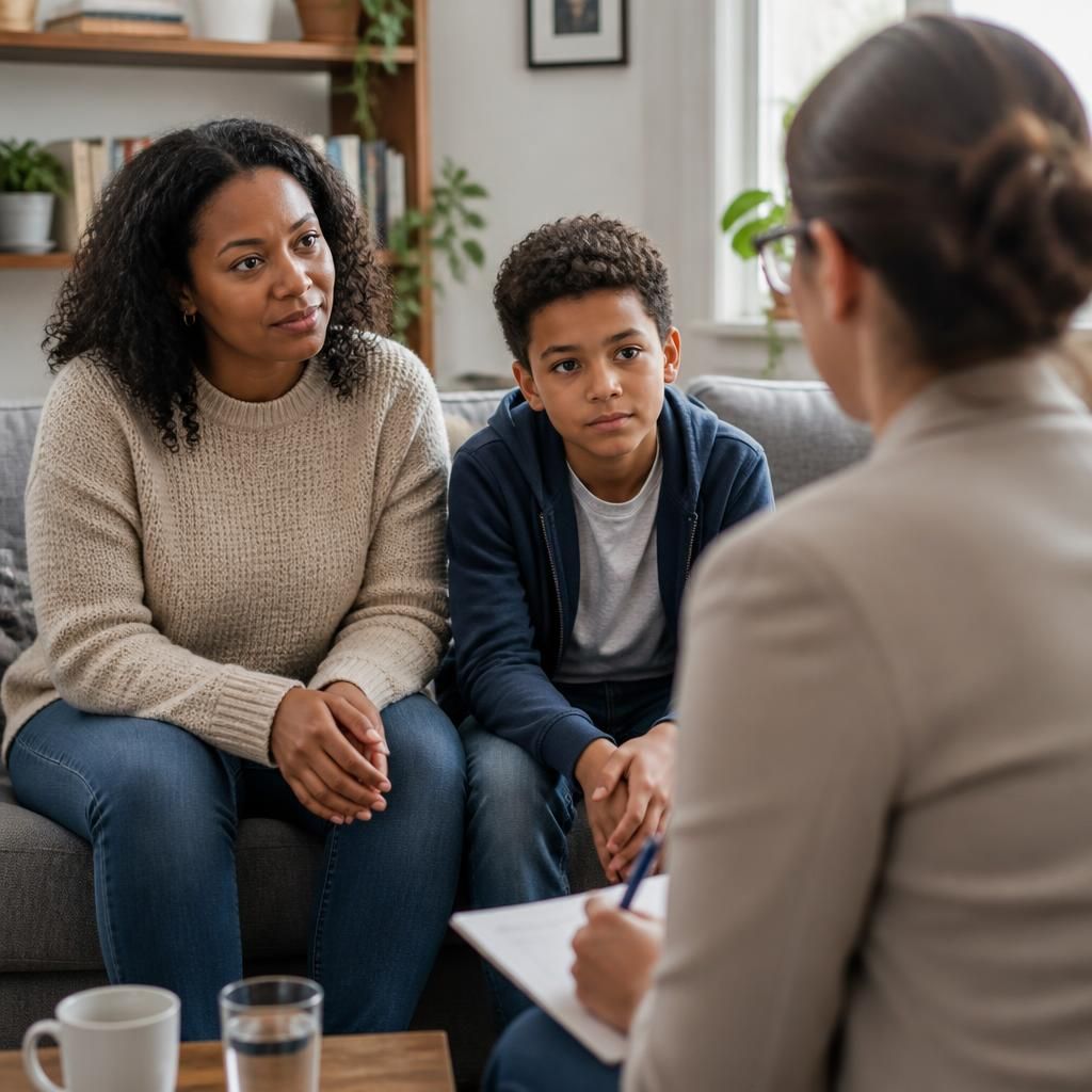 Single parent and child meeting with a social worker during a fostering introduction