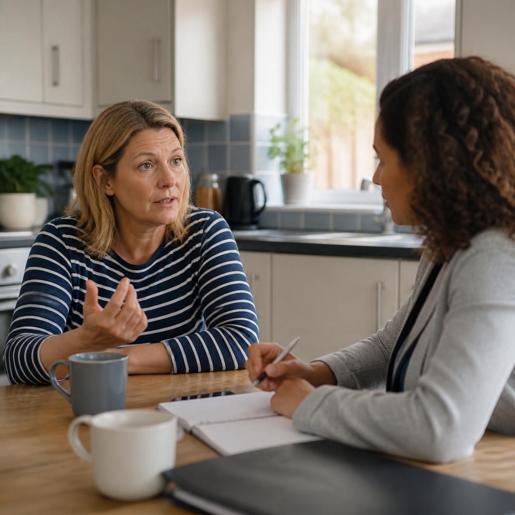 Foster carer discussing respite care with a social worker at a kitchen table