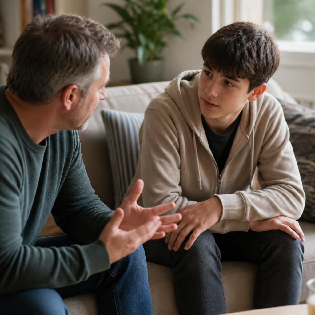 Adult speaking with a young person in a comfortable home setting