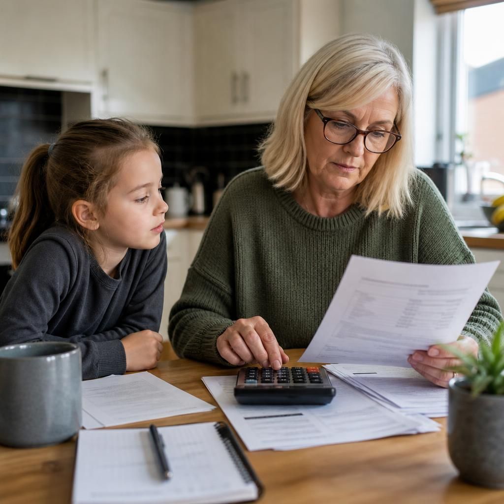 Kinship carer reviewing paperwork at a kitchen table with a child nearby