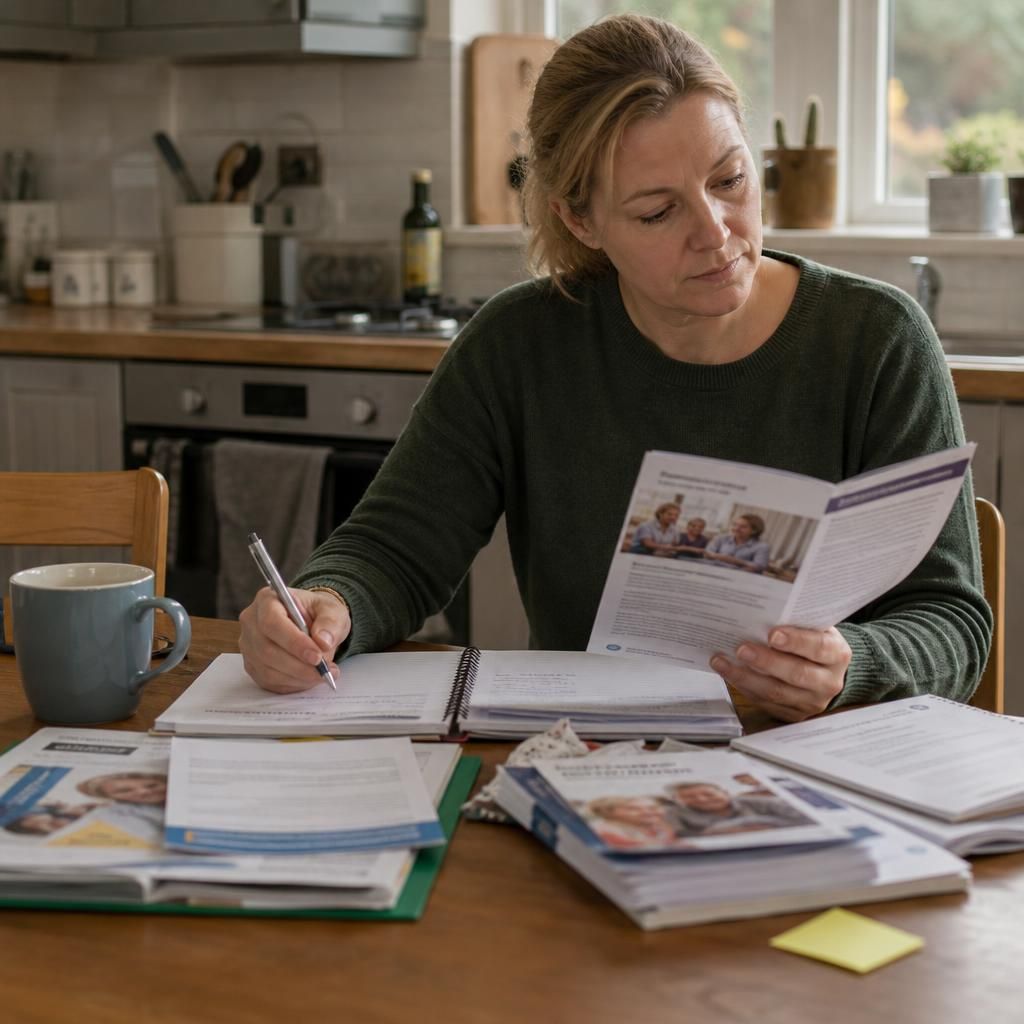 Kinship carer reviewing printed guidance and notes at a kitchen table