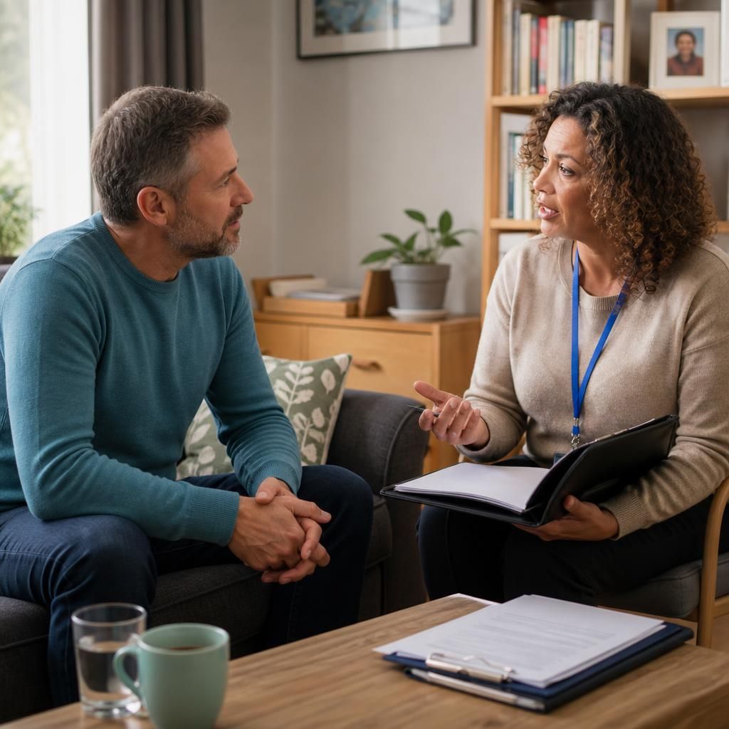 Prospective foster carer discussing an application with a fostering assessor
