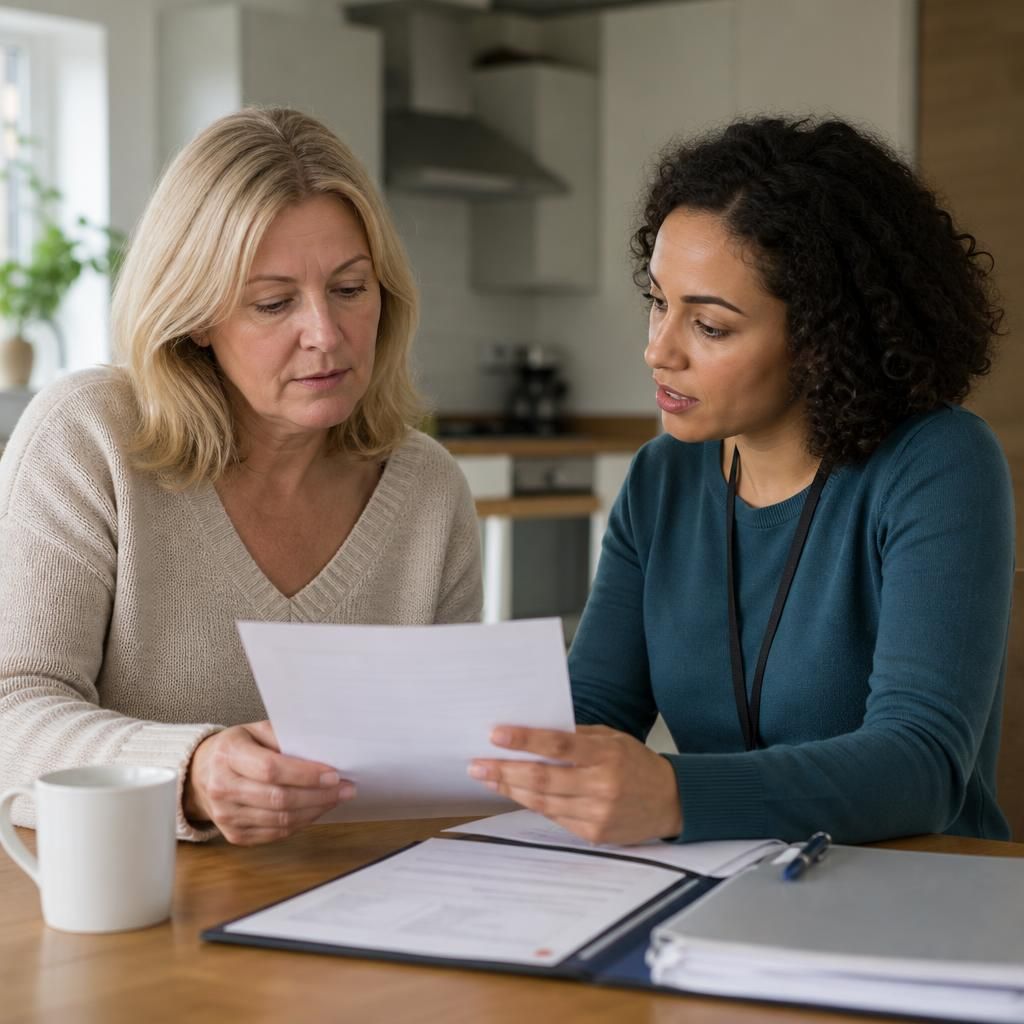 Foster carer and social worker reviewing complaint documents at a table