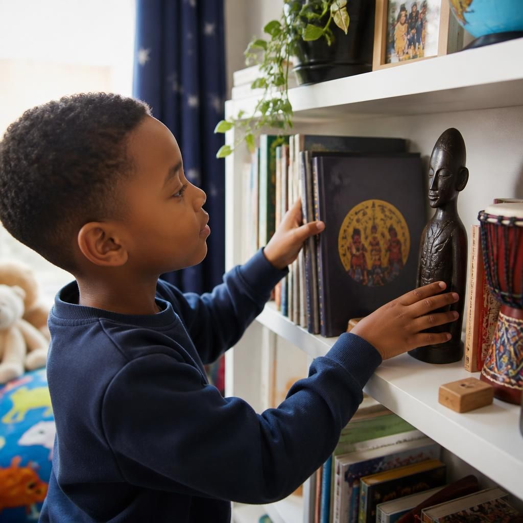 Child arranging culturally meaningful books and objects on a shelf