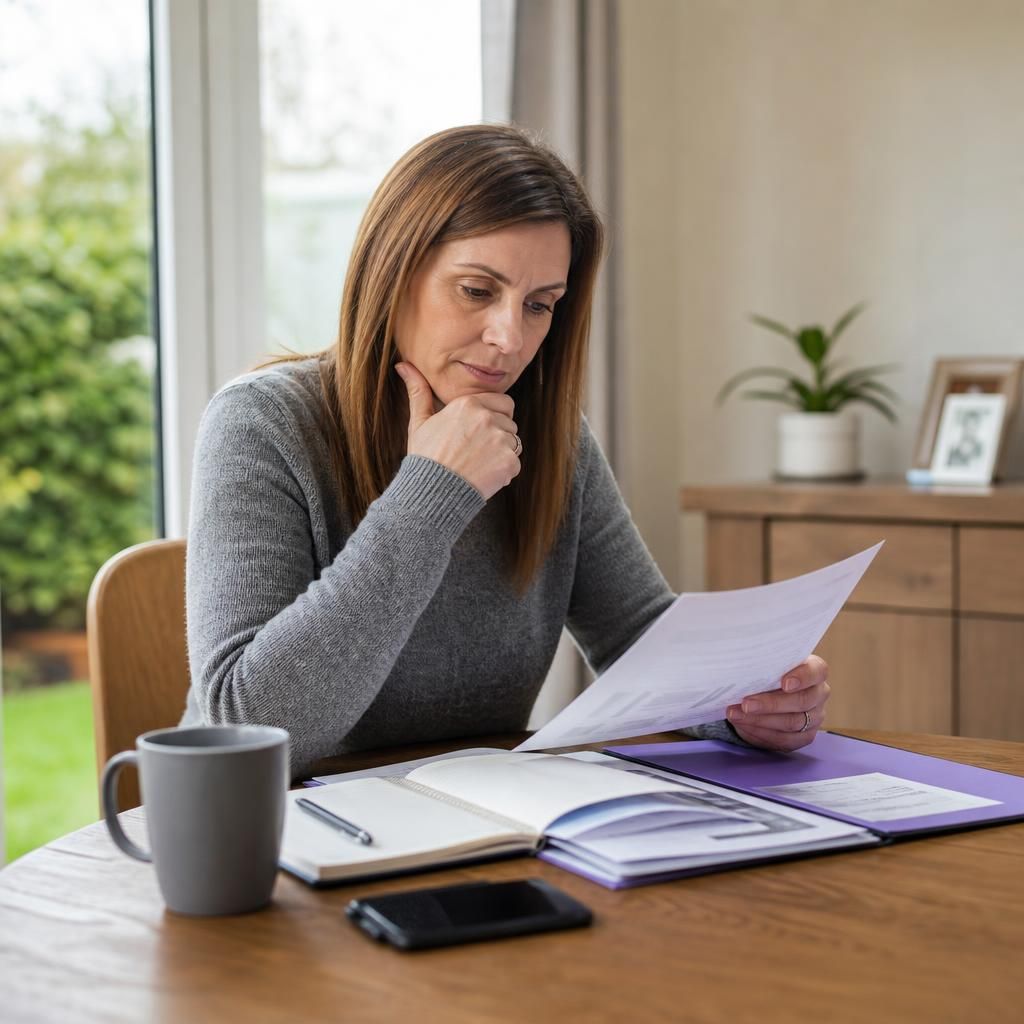 Prospective foster carer reviewing agency information and paperwork at a table