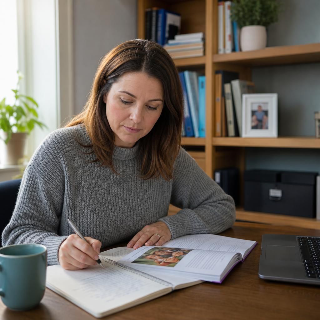Foster carer reviewing attachment training materials and making notes at a desk