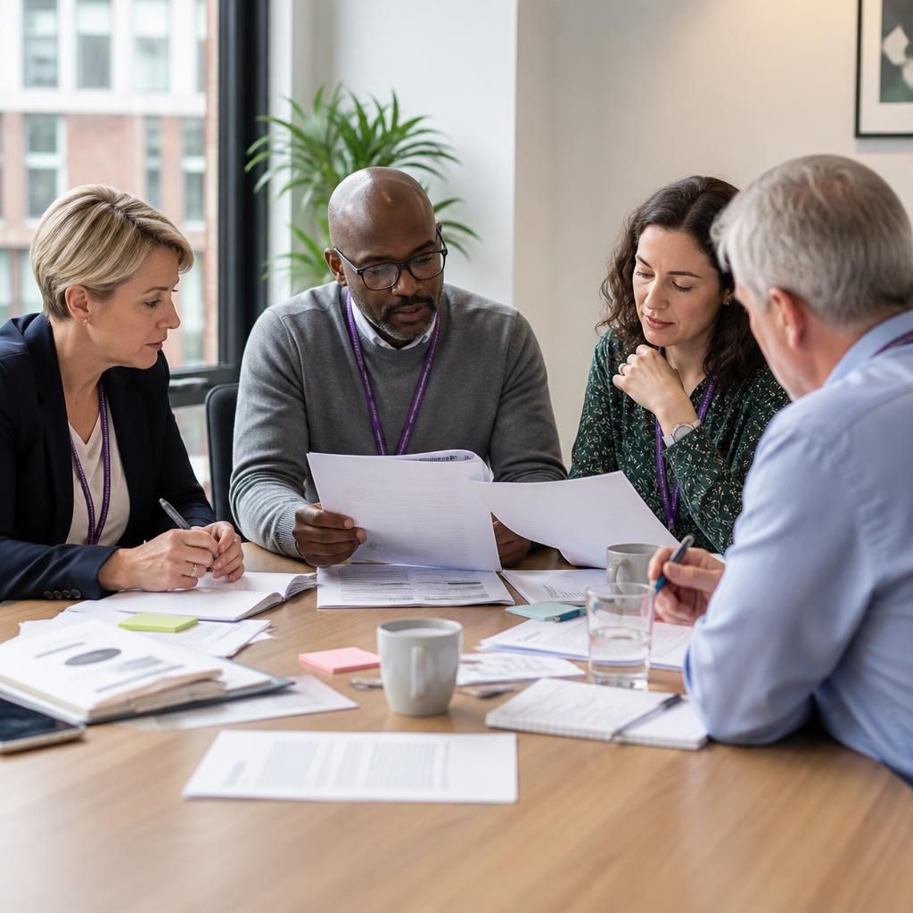 Fostering panel members reviewing assessment documents during a meeting
