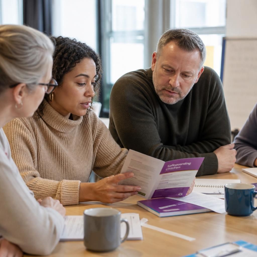 Adults discussing safeguarding materials during a foster carer training session