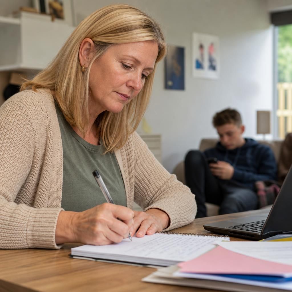 Foster carer writing notes about a young person’s progress
