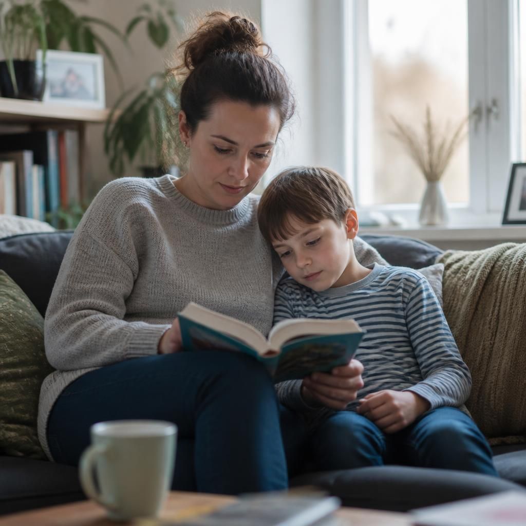 Single adult reading with a child in a living room