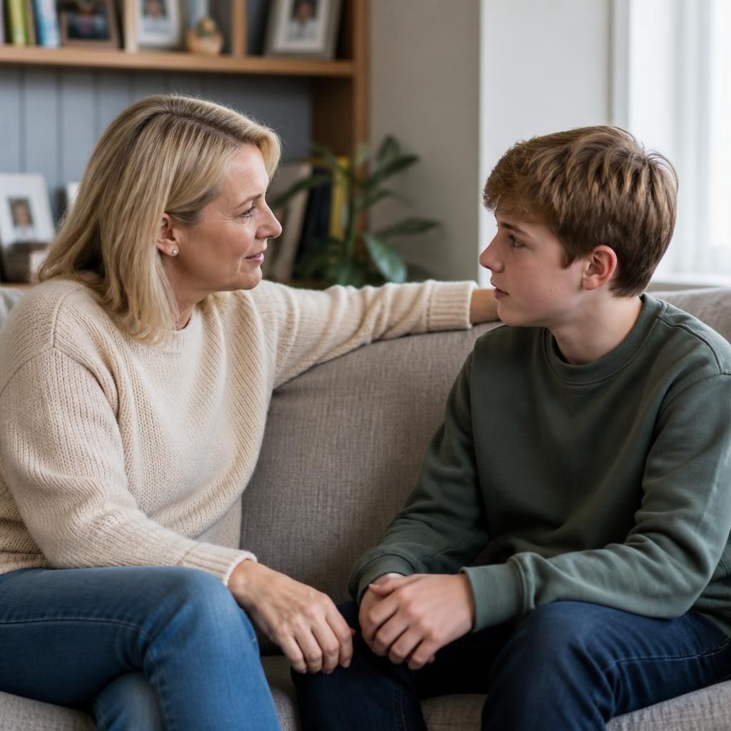 Relative and child talking together at home
