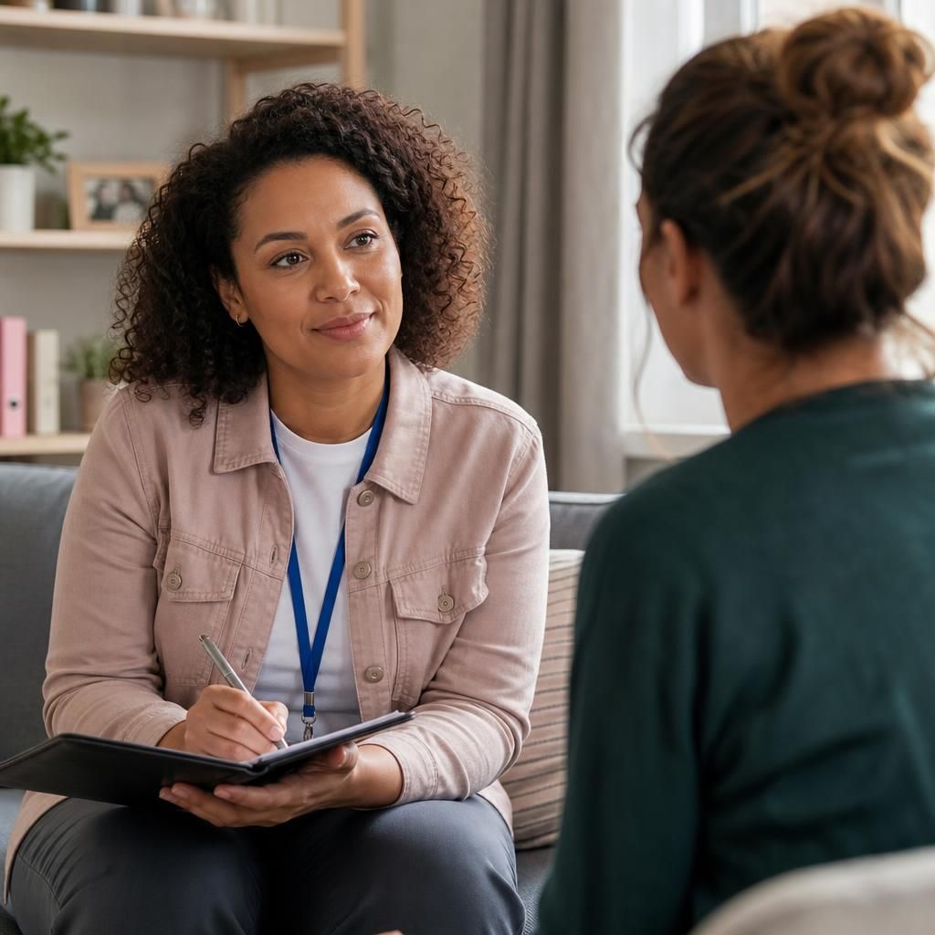 Foster carer speaking with a support worker during a supervision meeting