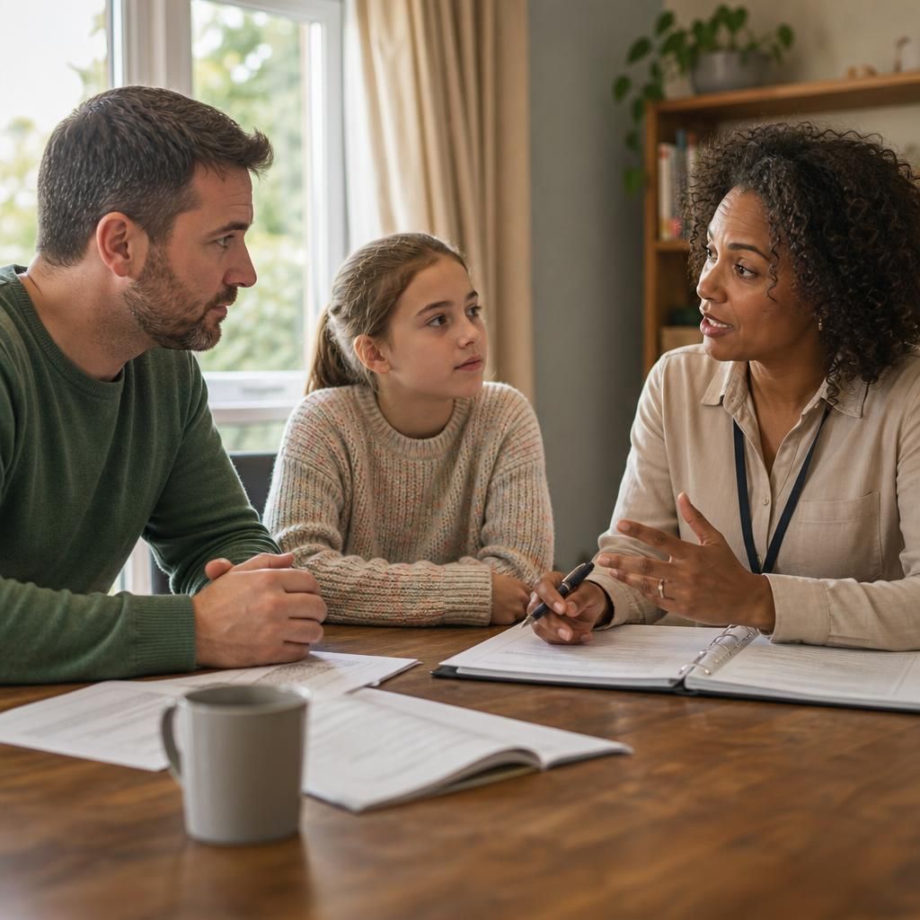 Foster carer, child and social worker discussing a placement plan at a table
