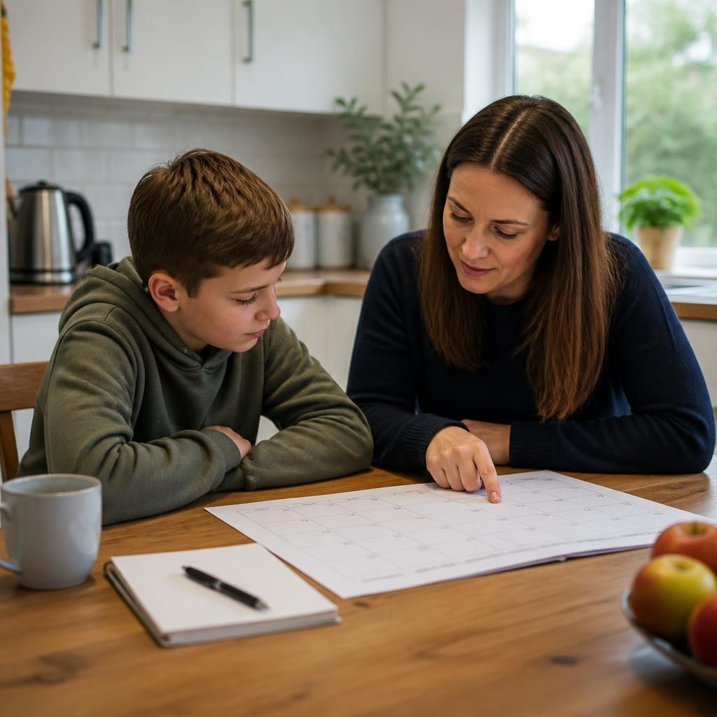 Foster carer and child reviewing a calendar together at a kitchen table