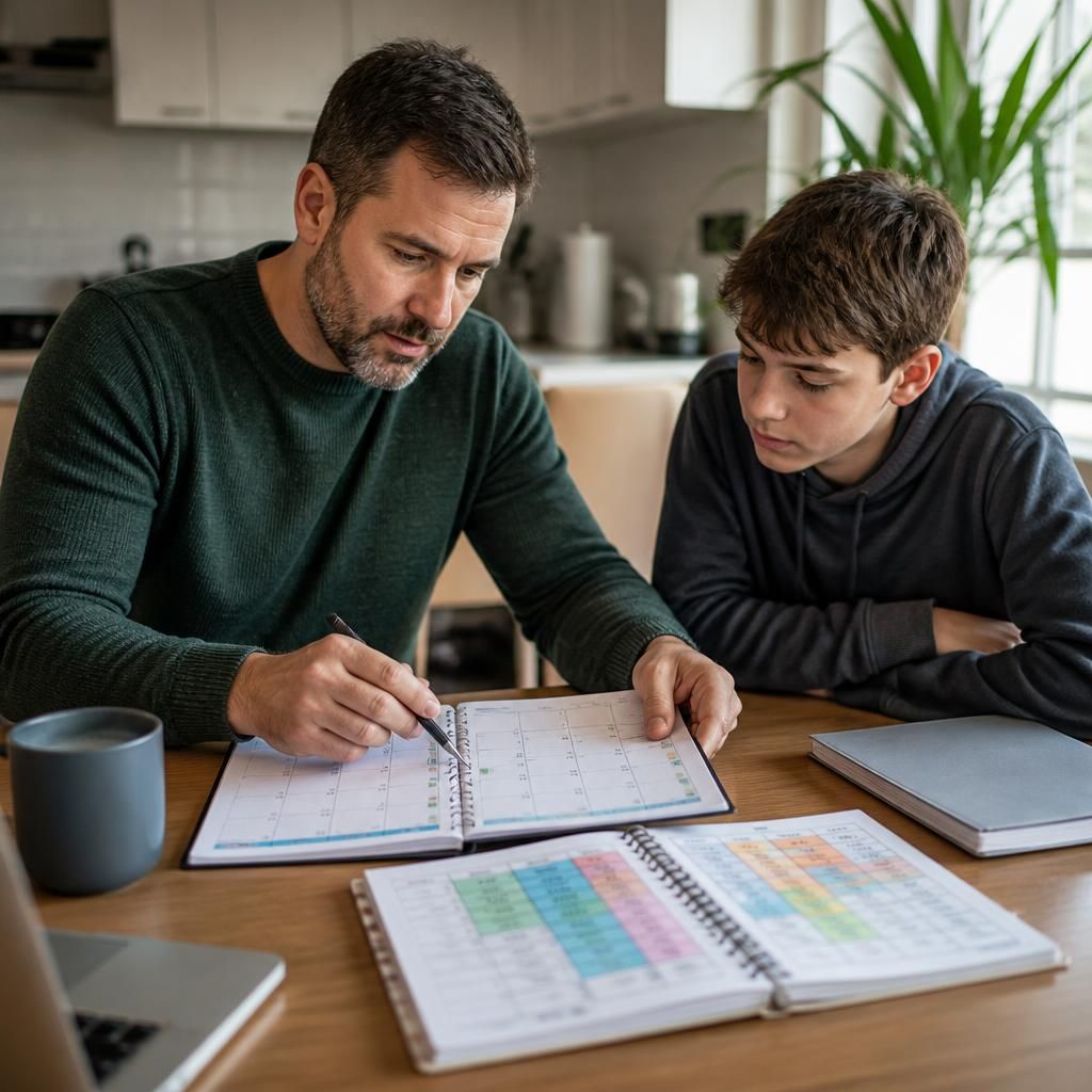 Foster carer checking a work travel calendar beside a child’s school timetable
