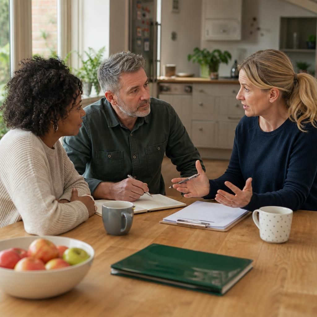 Foster carers meeting with another carer to discuss a child’s care