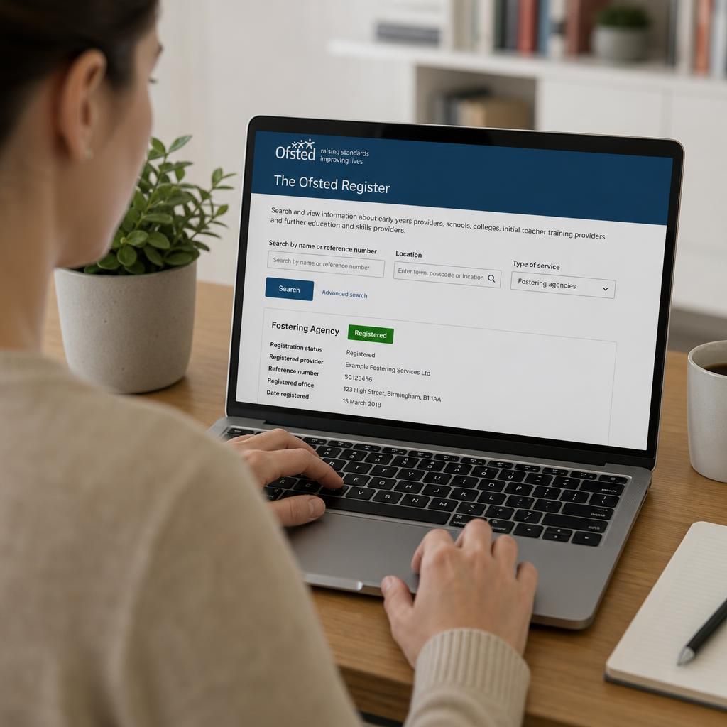 Person checking a fostering provider’s registration details on an official regulator’s website