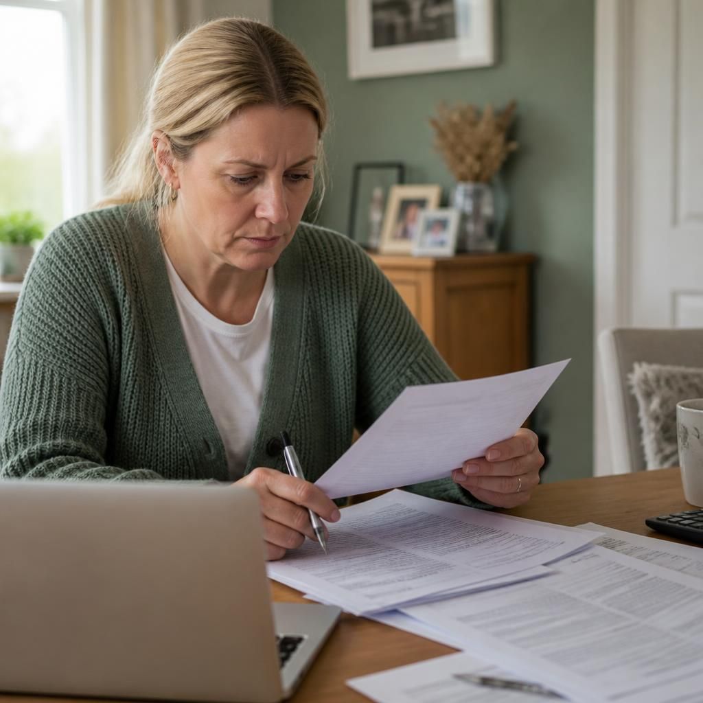 Foster carer reviewing tenancy documents and household paperwork at a table