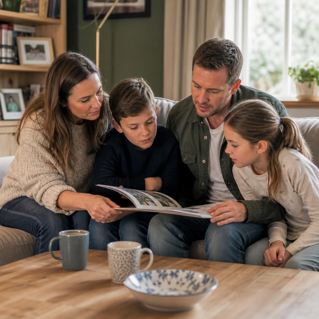 Family looking at information about children and different life experiences
