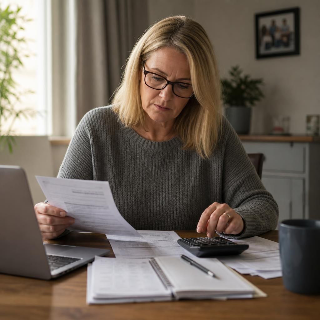 Foster carer reviewing payment statements and tax records at a desk