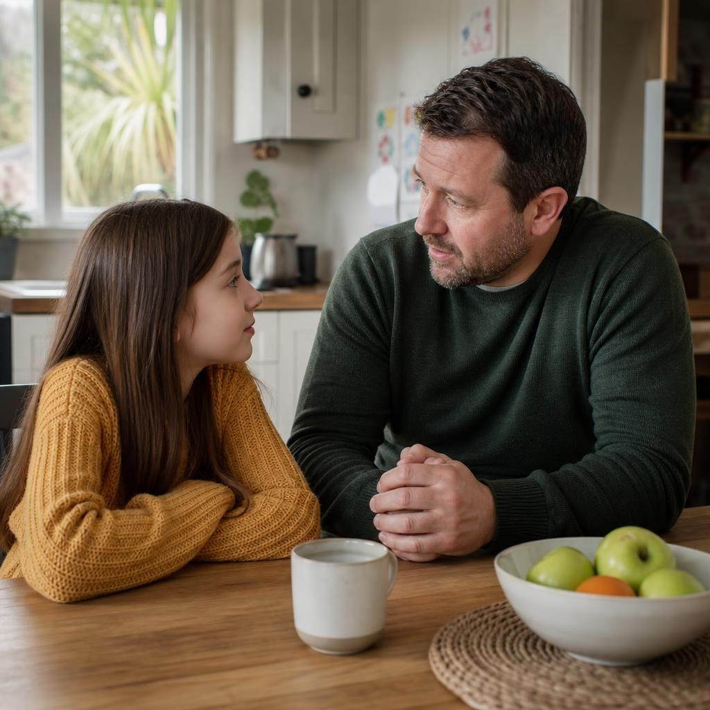 Foster carer and child talking together at a kitchen table