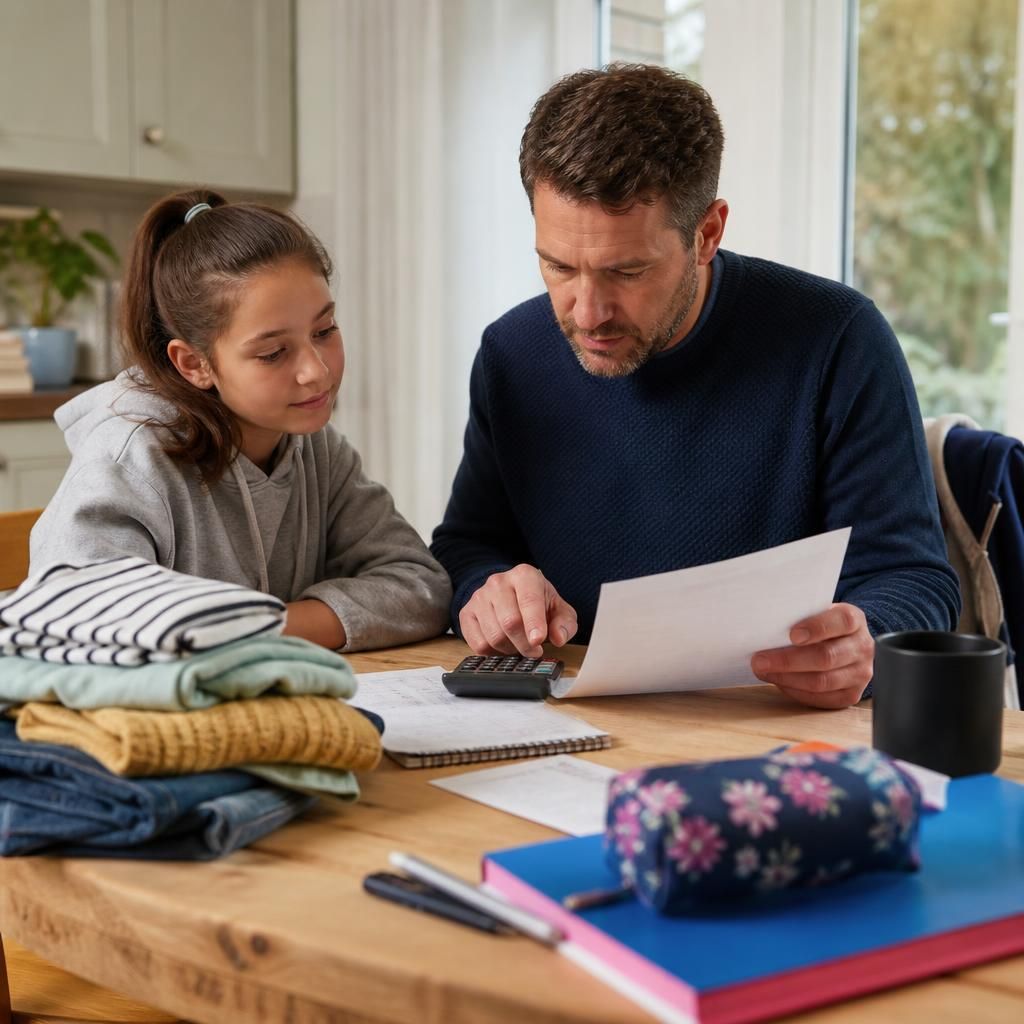 Foster carer reviewing household expenses with a child’s clothing and school items nearby