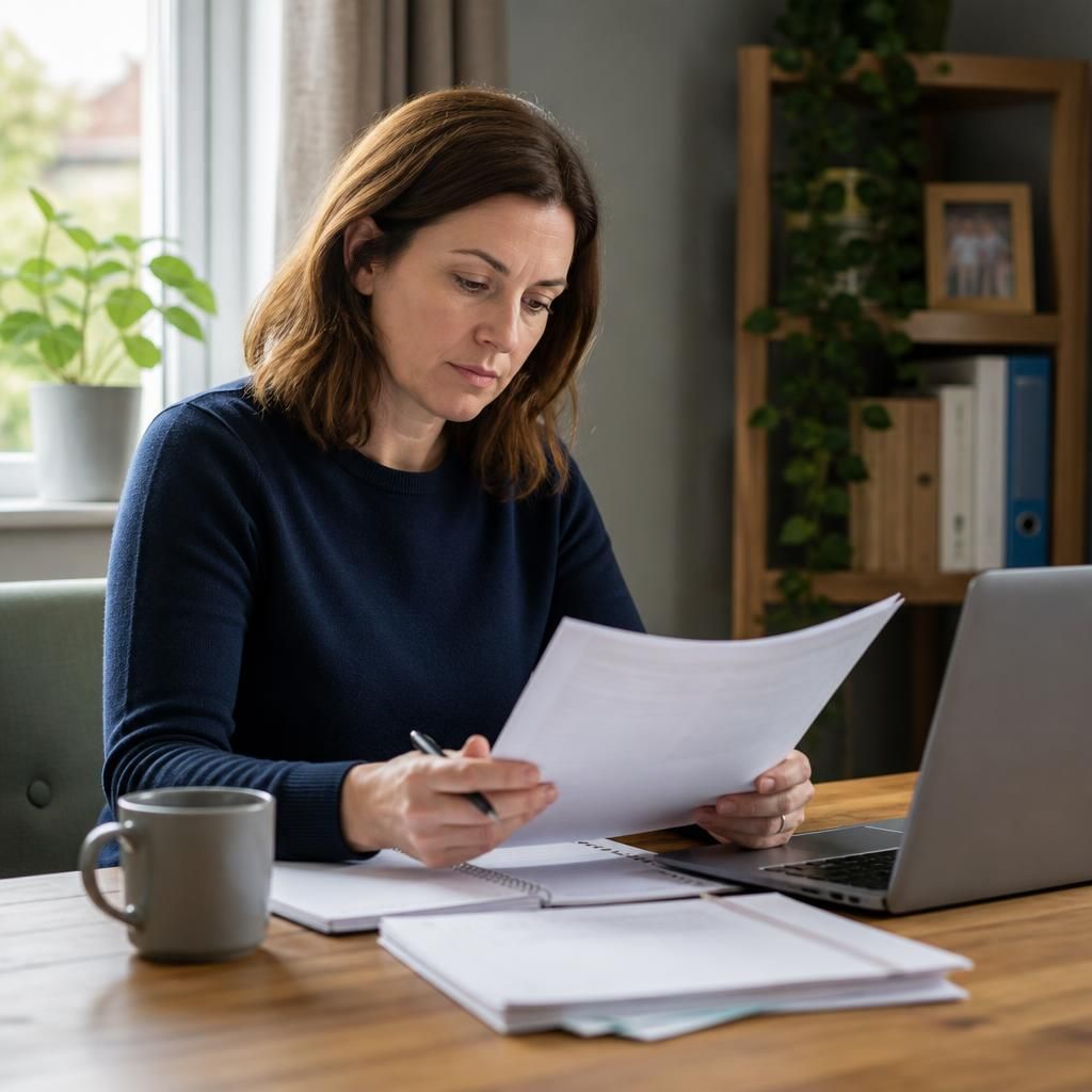 Person reviewing fostering assessment paperwork at a desk