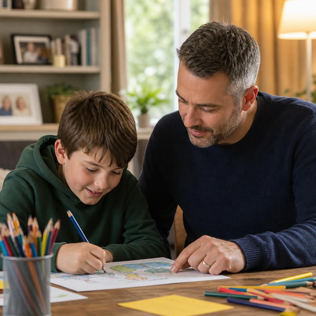 Foster carer helping a child with a creative activity at home