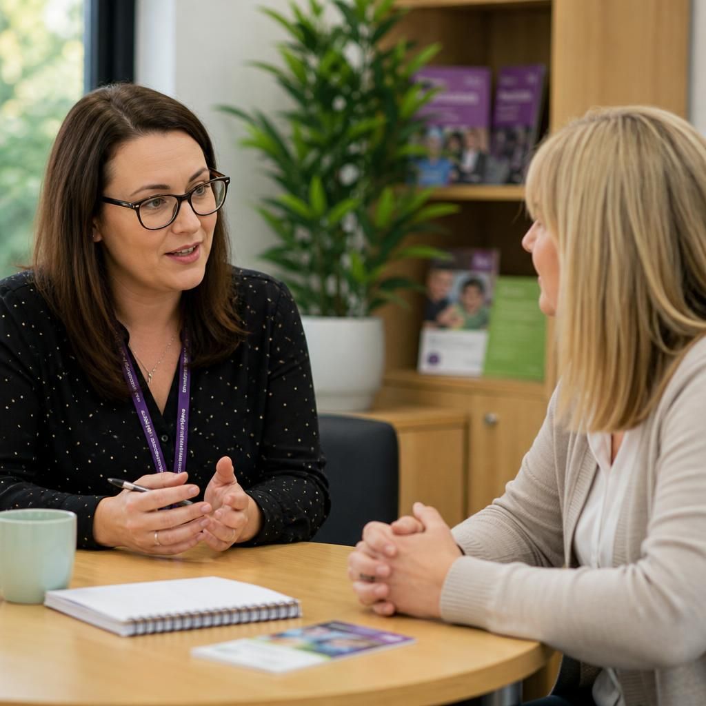 Foster carer speaking with a local fostering adviser at a table