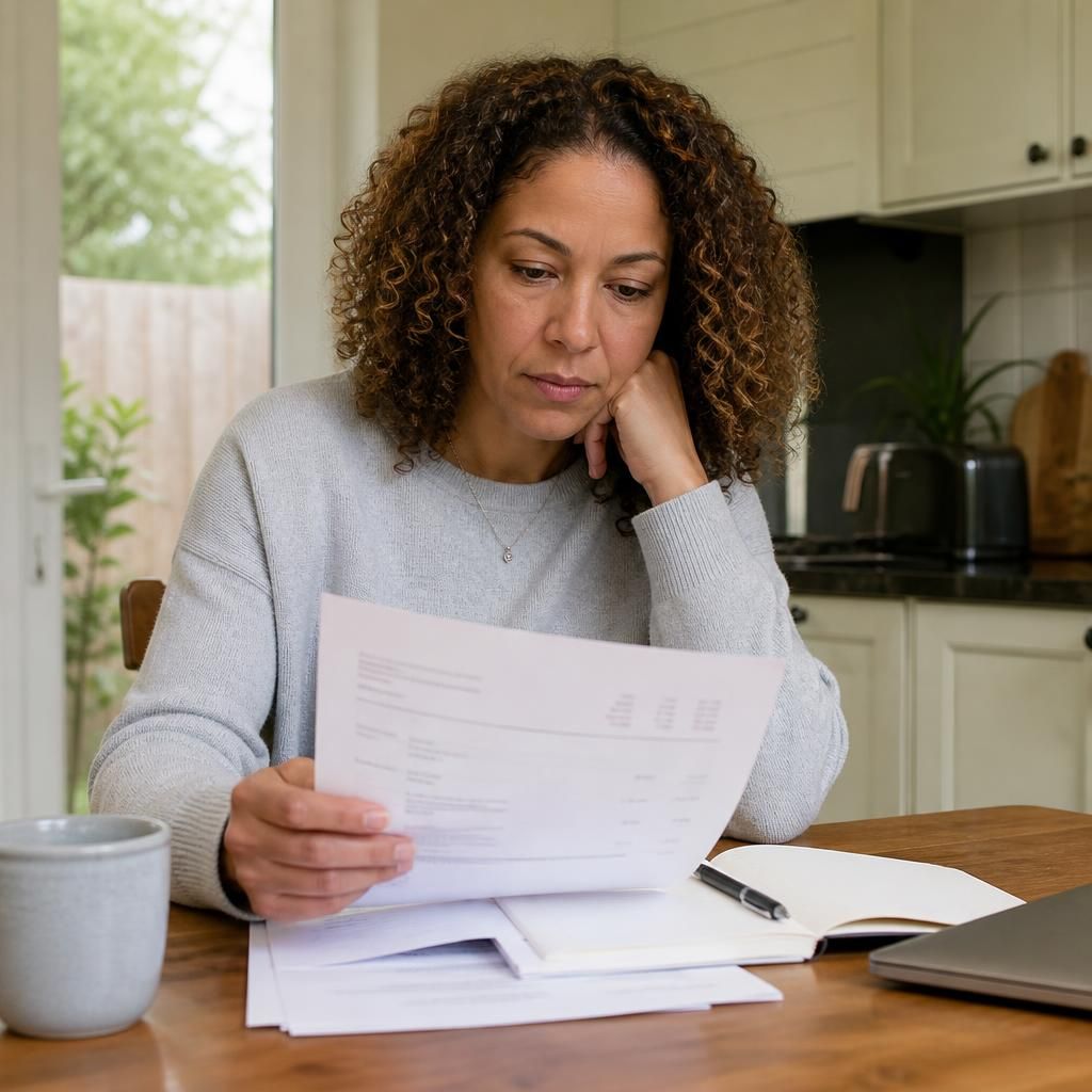Foster carer reviewing a weekly payment statement at a kitchen table