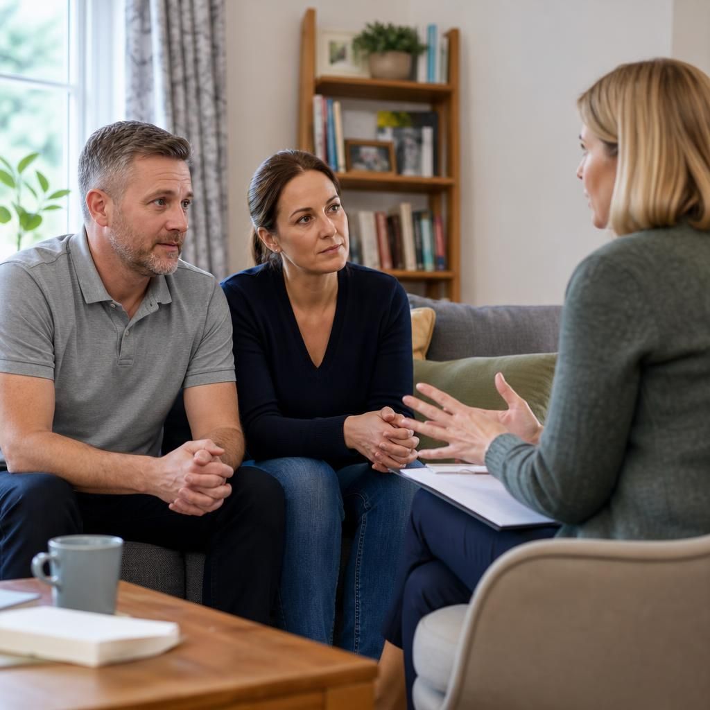Foster parents speaking with a supervising social worker at home