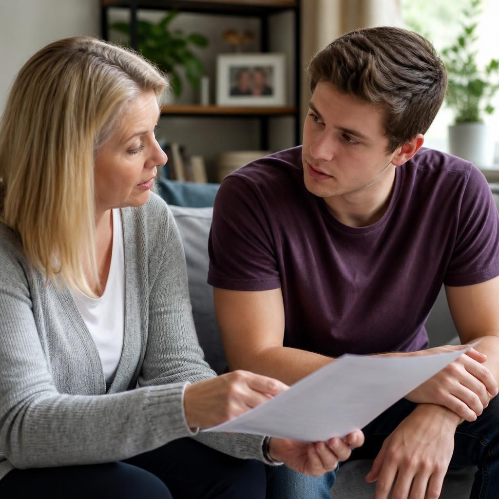 Young adult and former foster carer discussing an independence plan at home