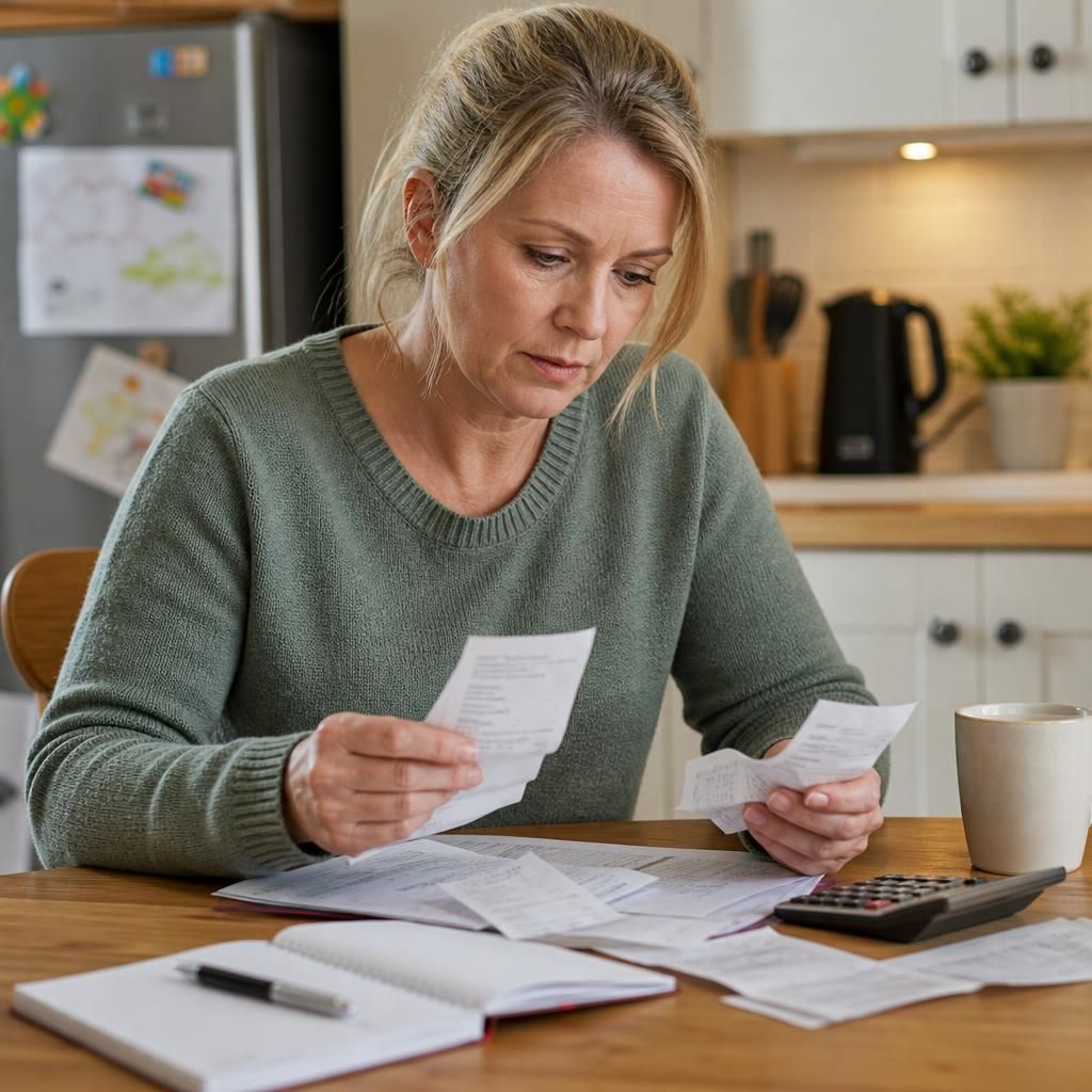 Foster carer reviewing receipts and household bills at a kitchen table