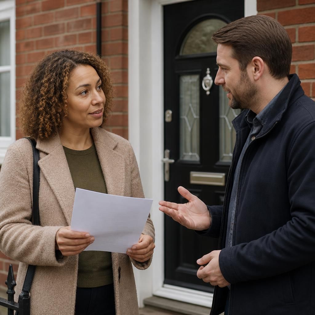 Tenant discussing fostering permission with a landlord outside a rented home