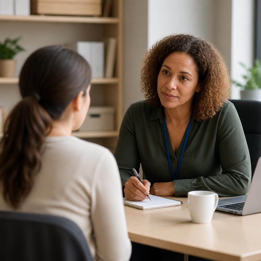Single parent foster carer speaking with a social worker during a meeting
