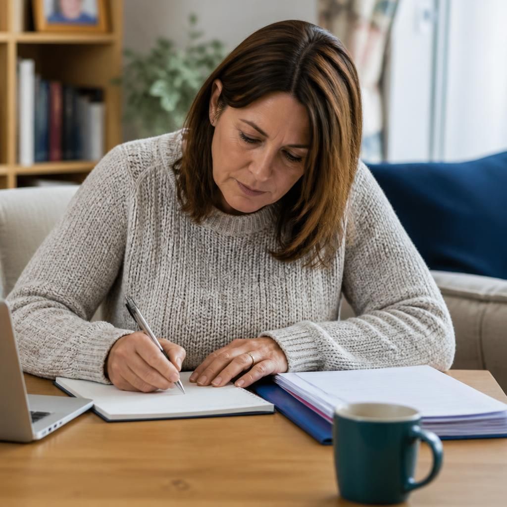 Foster carer completing a dated placement record at a desk