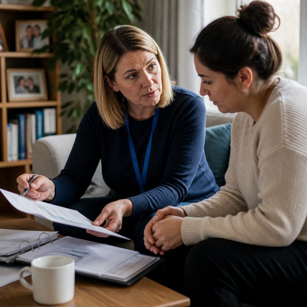 Social worker reviewing fostering assessment documents with a prospective foster carer