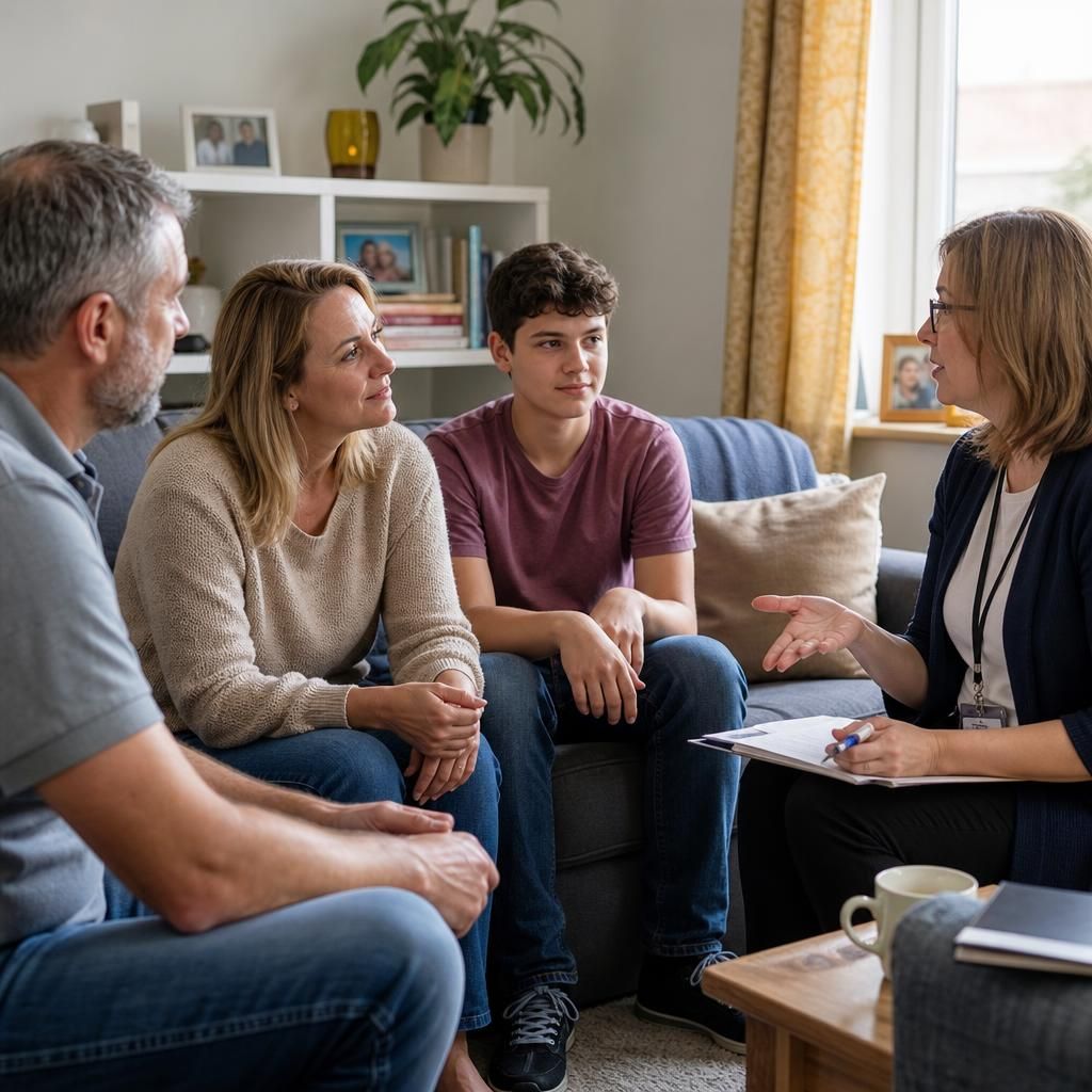 Foster assessor speaking with applicants during a home visit