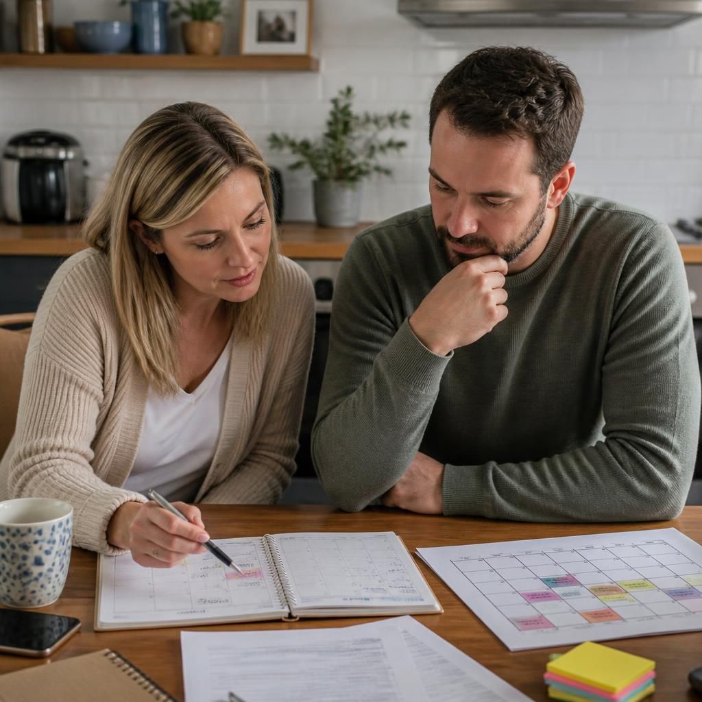 Couple reviewing work calendars and childcare arrangements at a kitchen table