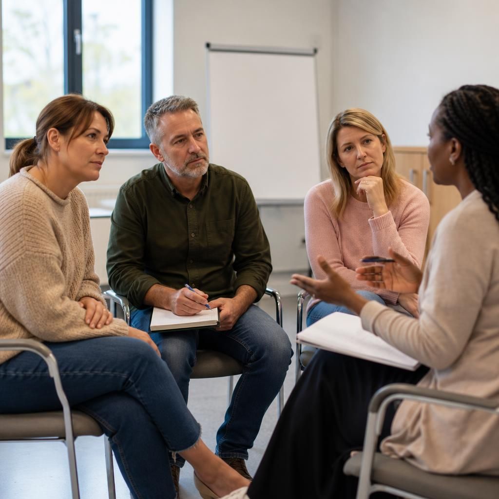 Foster carer trainees taking part in a role-play discussion with a trainer