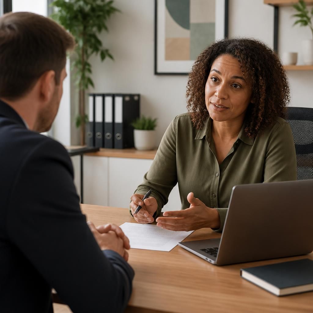 Foster carer discussing work arrangements with an employer at a desk