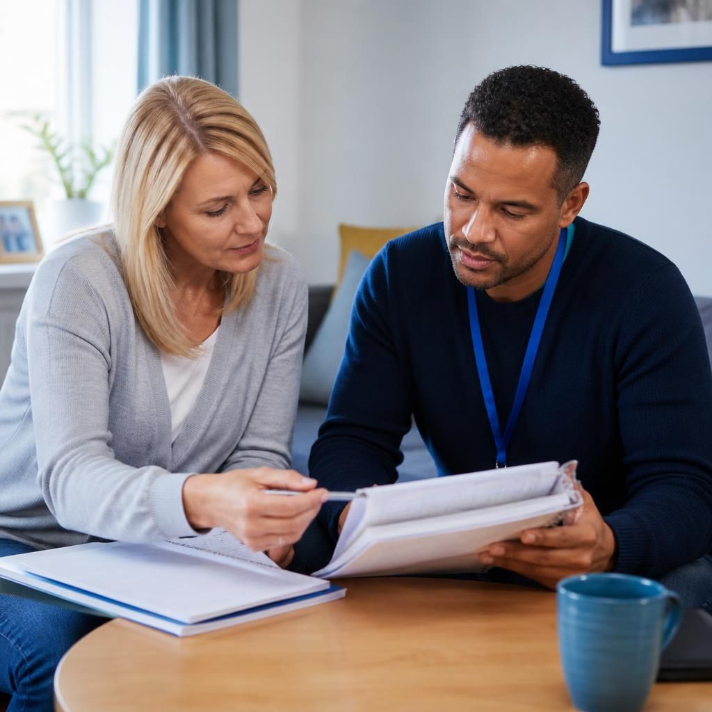 Foster carer and social worker reviewing a young person’s updated care plan