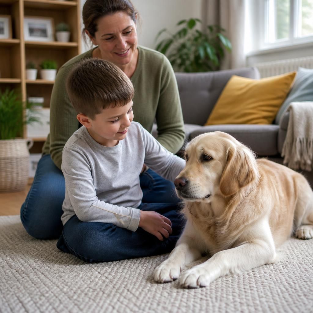 Child sitting beside a calm family dog under adult supervision