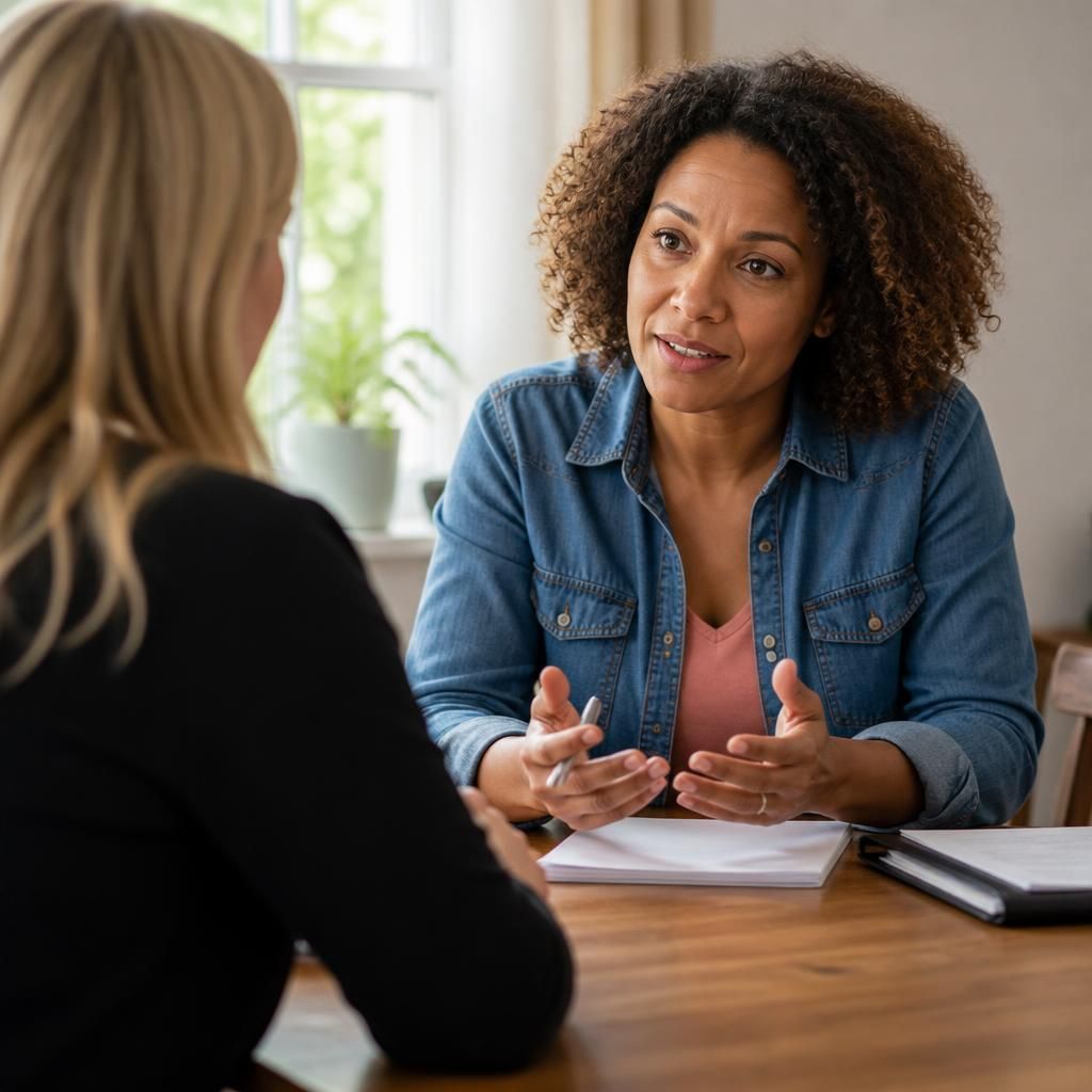 Foster carer discussing work arrangements with an assessor at a table