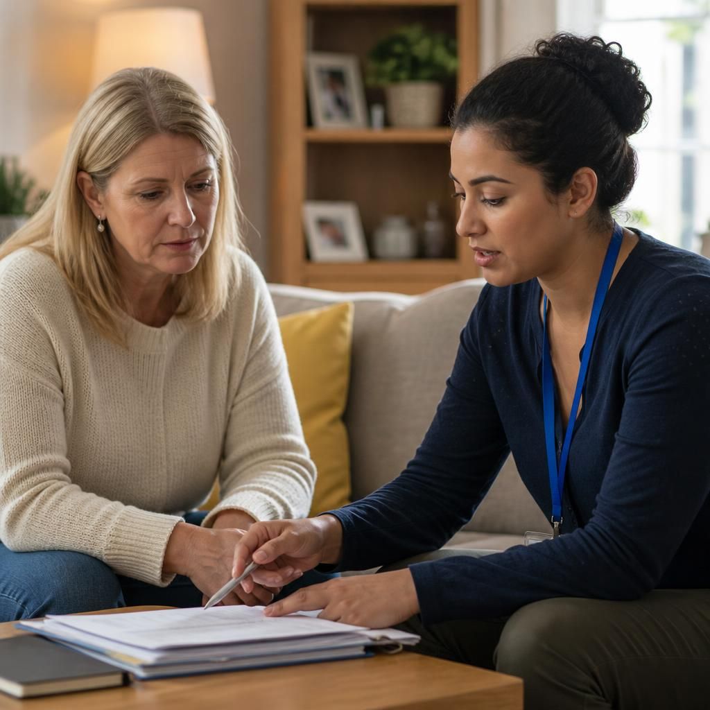 Foster carer discussing a child’s placement information with a social worker