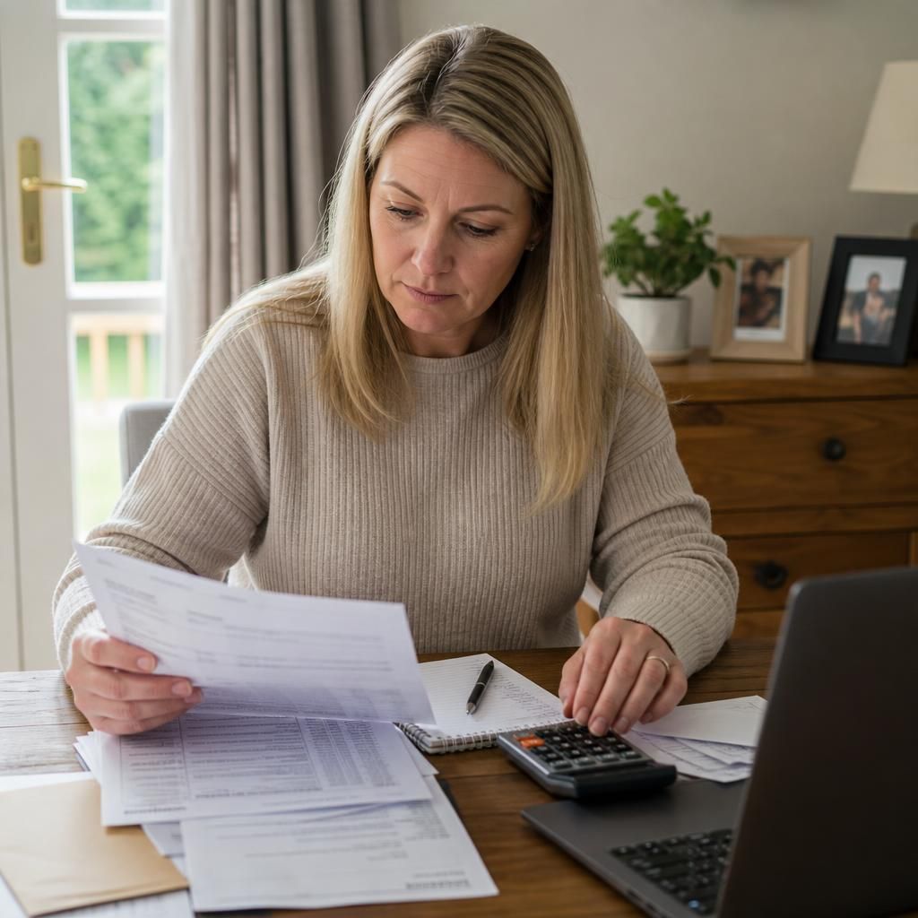 Foster carer reviewing payment records and National Insurance paperwork at a desk
