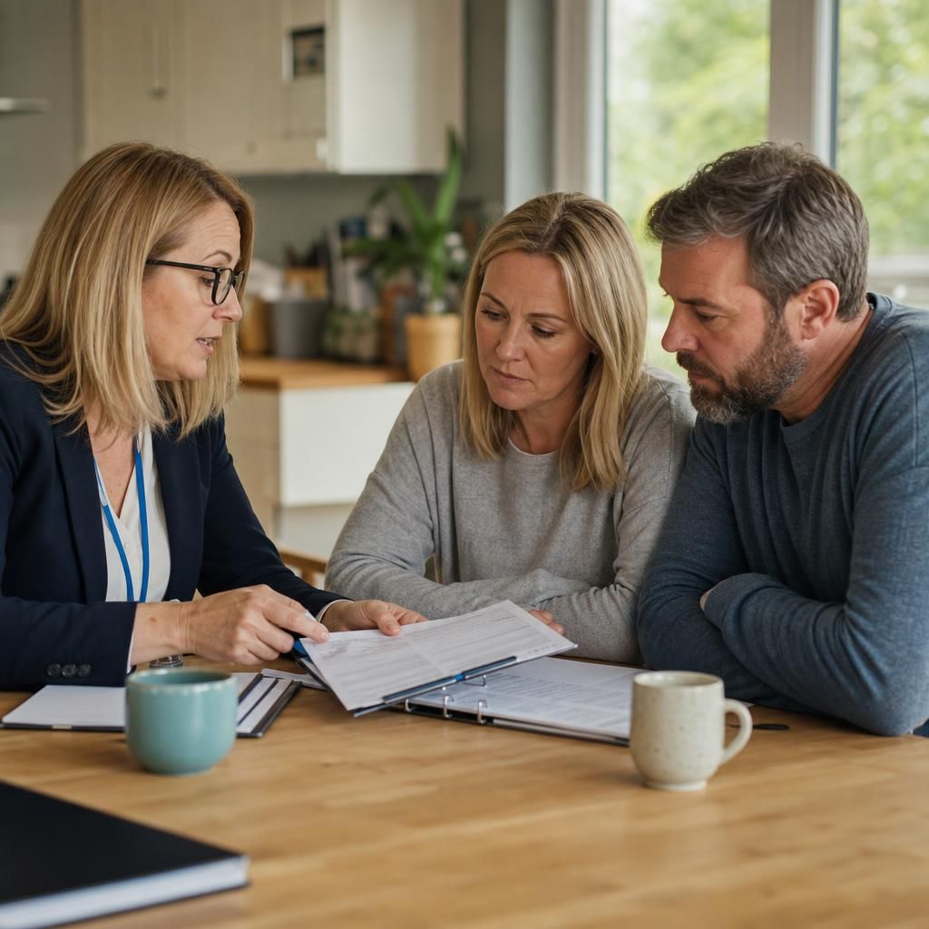 Foster carers discussing transfer paperwork with a social worker at a table