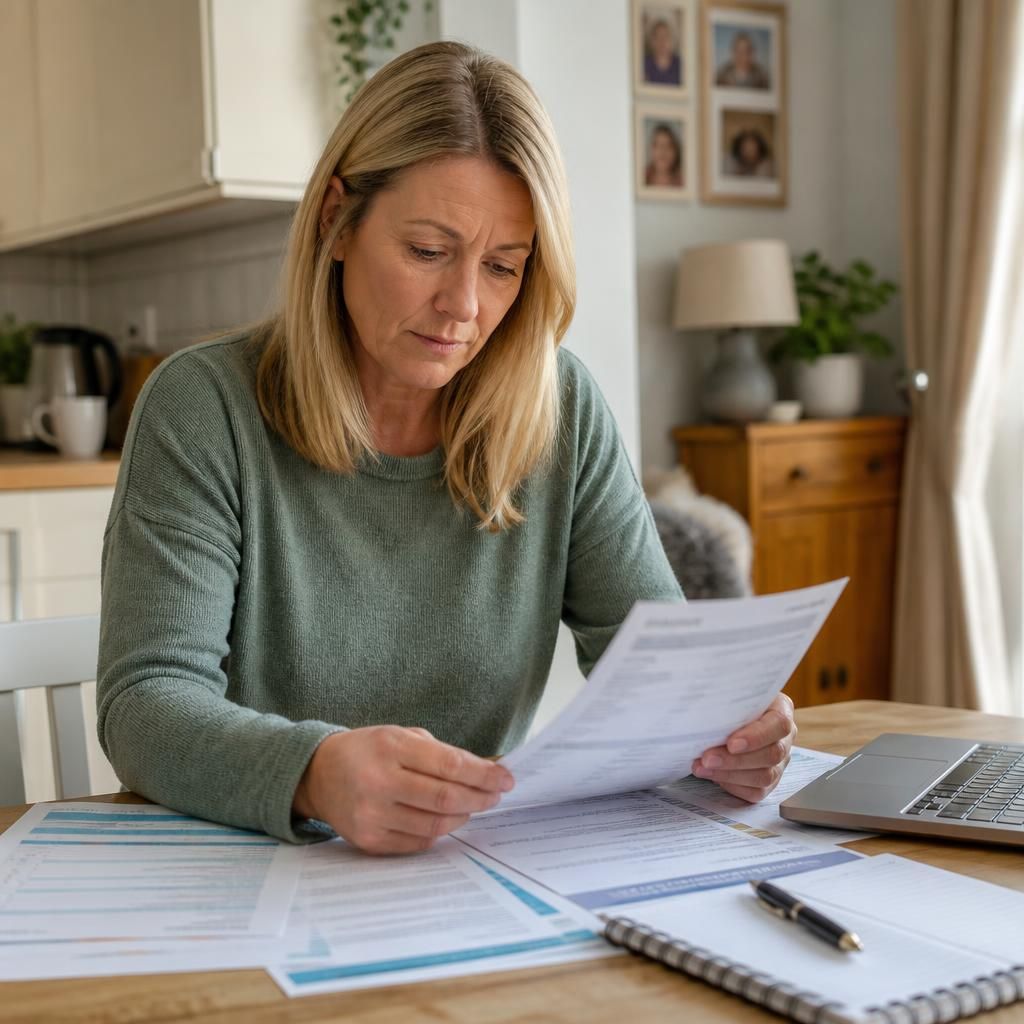 Foster carer reviewing payment statements and benefits paperwork at a table